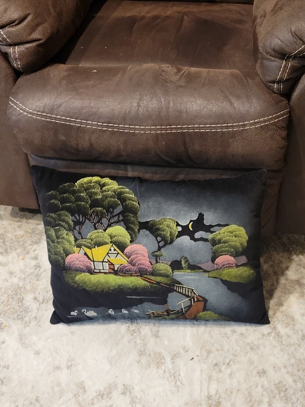 Vintage Hand Painted Black Velvet Landscape Throw Pillow Cottagecore Folk Art
